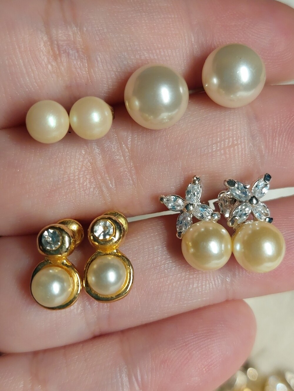 Set Of 4 Pearl Stud Earrings - Champagne Pearl Double and Floral Drop Styles